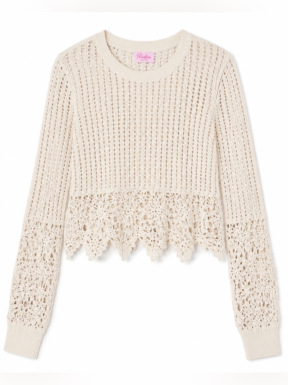 Pink Lily Cream Crochet Hem Openwork Sweater NWOT Size Large